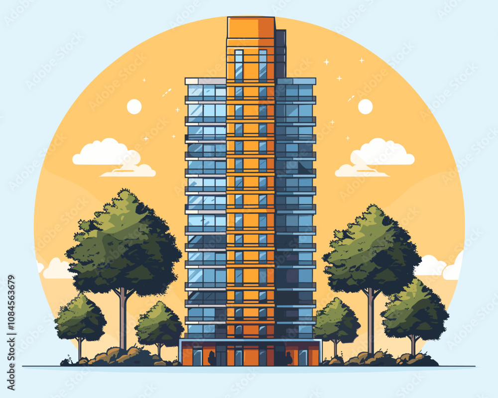Poster tall building with a lot of windows and a tree in front of it. the building is orange and the sky is