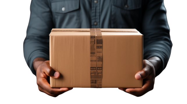 A man with a cardboard box, portraying professionalism in delivery and moving services, isolated on transparent background. - Powered by Adobe