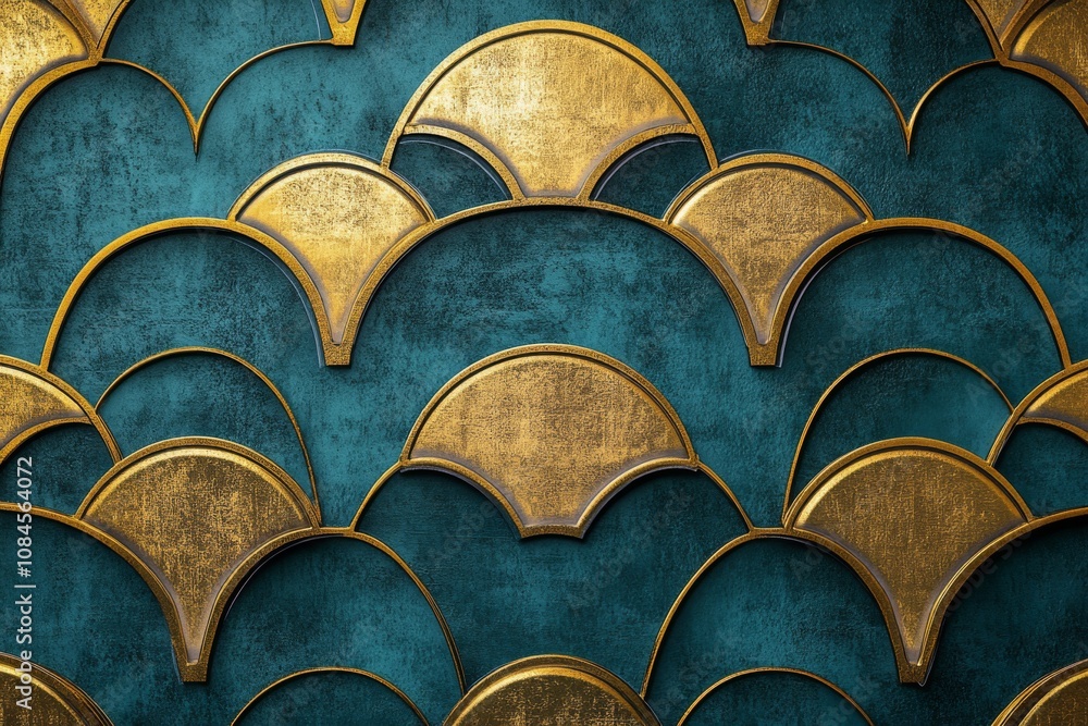 Poster decorative art featuring intricate gold and teal wall design with overlapping arcs and curves