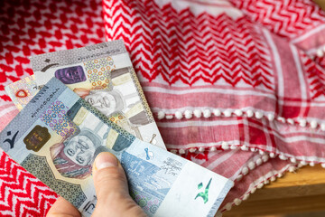 Oman money. Rials banknotes from Oman. Financial business concept, close up