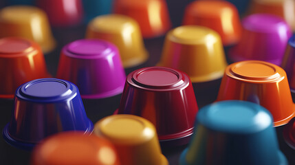 3D illustration of several colored, flavor-varying coffee capsules