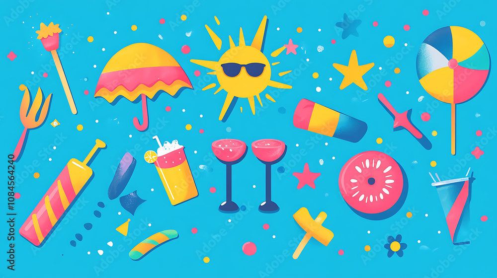 Poster vibrant and colorful flat design featuring various summer elements atmosphere of fun and excitement 