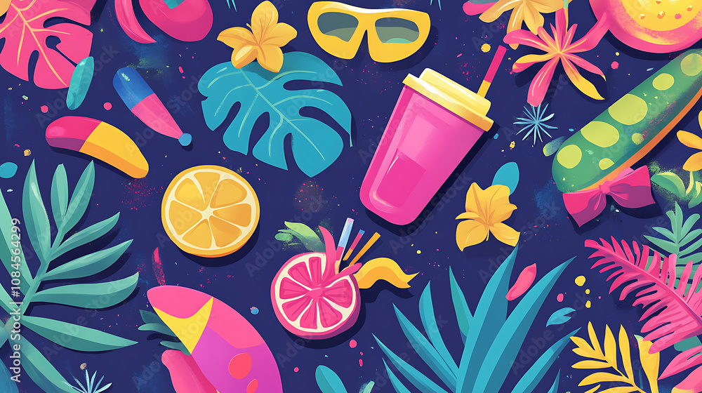 Poster vibrant and colorful flat design featuring various summer elements atmosphere of fun and excitement 