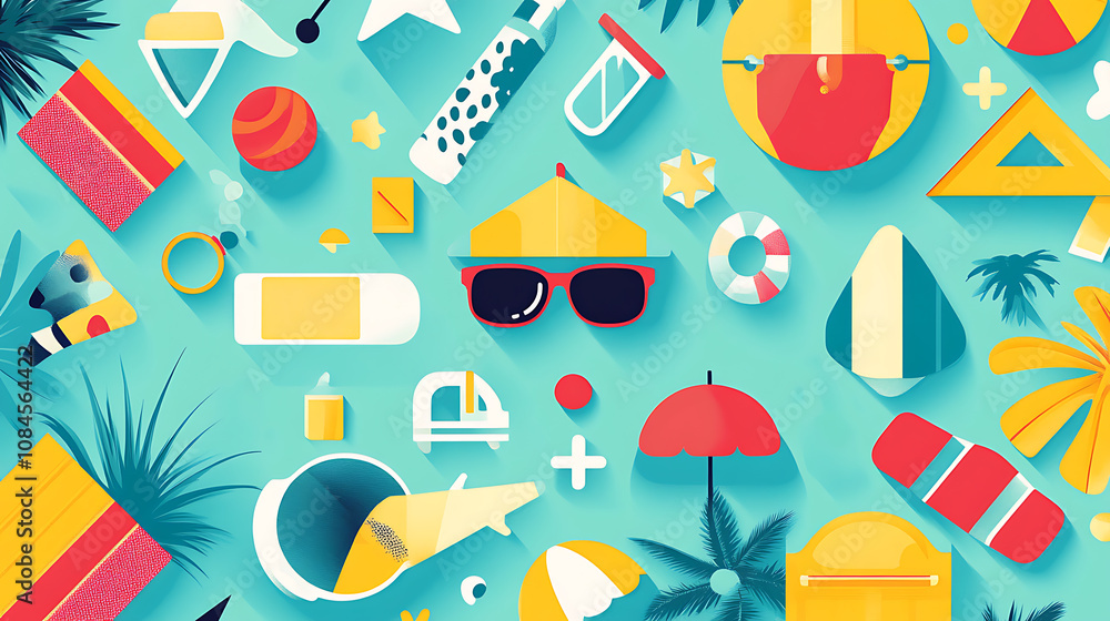 Poster Vibrant and colorful flat design with various icons representing summer background is filled with geometric shapes in bright colors captures the essence of summer fun