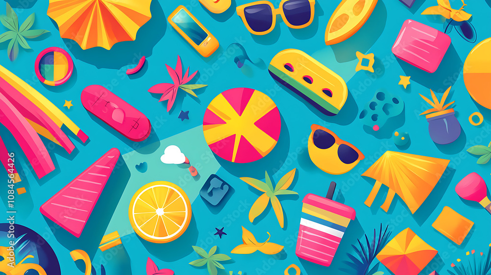 Aufkleber Vibrant and colorful flat design with various icons representing summer background is filled with geometric shapes in bright colors captures the essence of summer fun