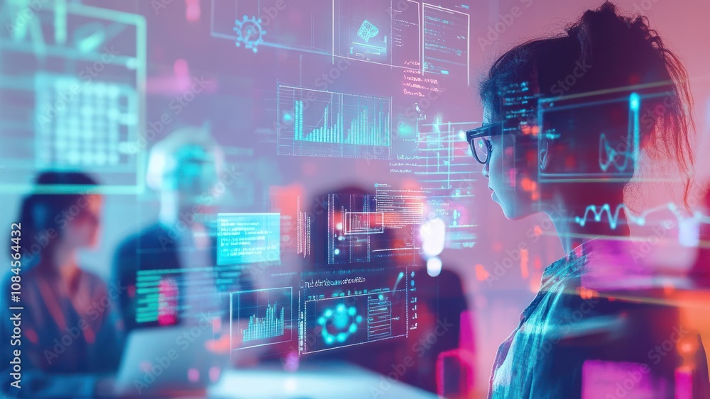 Poster a woman interacts with digital data visuals in a collaborative workspace.