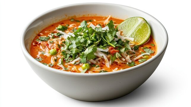 Photo of a bowl of delicious spicy Tom Yum noodles topped with fresh herbs, spring onions and lime on a clean white background.