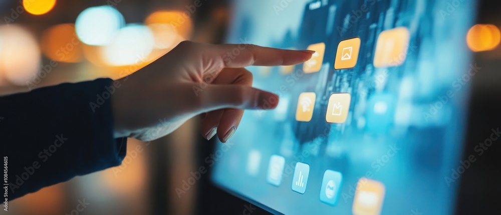 Poster a hand interacting with a touchscreen displaying various application icons.