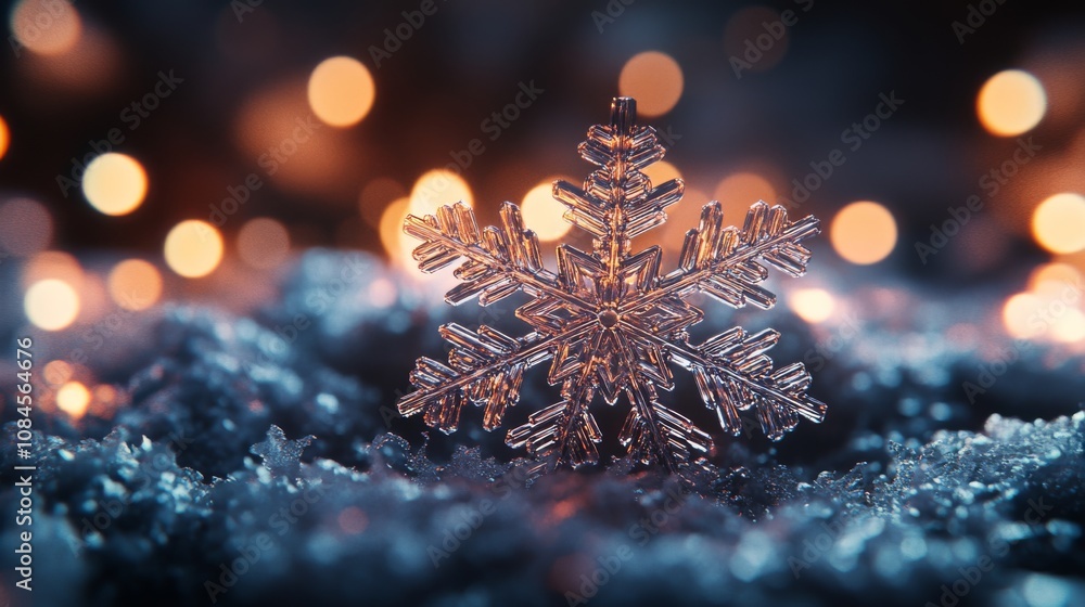 Poster delicate snowflake resting on a surface of shimmering ice crystals with a warm background glow