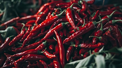 Fresh red chili peppers stacked on a white surface give off a bright color and a spicy flavor, perfect for cooking.