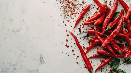 Fresh red chili peppers stacked on a white surface give off a bright color and a spicy flavor, perfect for cooking.