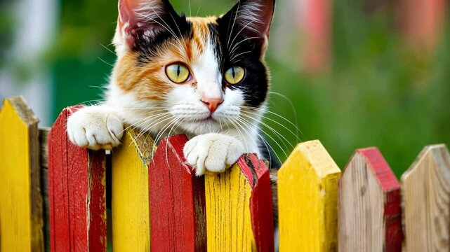 A tricolor cat, predominantly white with patches of orange and black, rests its paws on a small picket fence painted in red and yellow