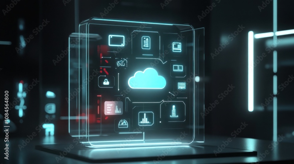 Poster a futuristic cloud computing interface displaying various digital icons.