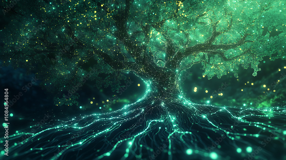 Fototapete A digital illustration of a tree with branches seamlessly integrated into a complex cyber data network, symbolizing the fusion of nature and technology