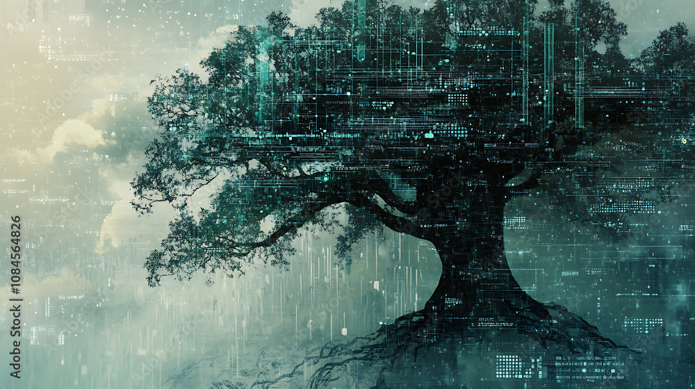 Poster A digital illustration of a tree with branches seamlessly integrated into a complex cyber data network, symbolizing the fusion of nature and technology