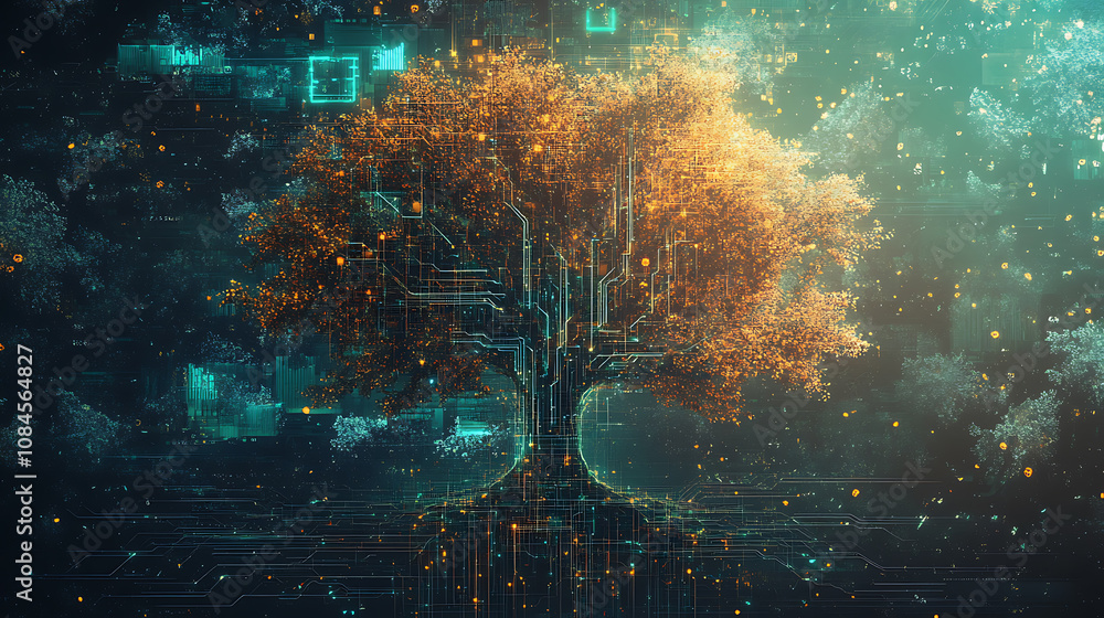 Fototapete A digital illustration of a tree with branches seamlessly integrated into a complex cyber data network, symbolizing the fusion of nature and technology