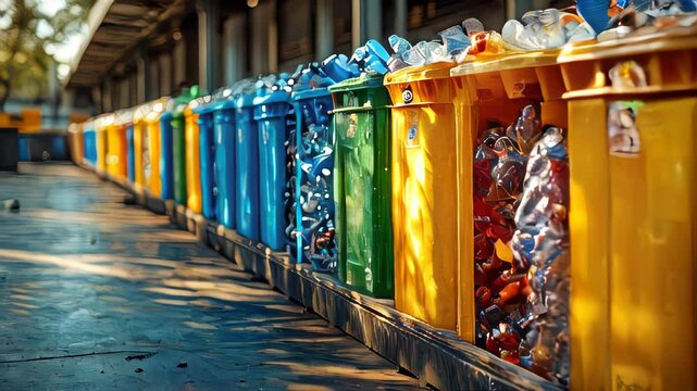 Colorful recycling bins in a row on a wet street, promoting sustainable waste management and environmental awareness