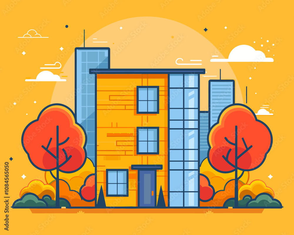 Poster tall building with a large window on the front. the building is surrounded by trees and has a city s