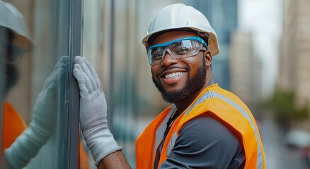 Construction worker smiling while installing glass panels on a building in an urban setting