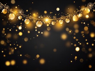Obraz premium Golden holiday decorations with sparkling lights and shimmering orbs creating a festive atmosphere during the winter season. New Year and Christmas.