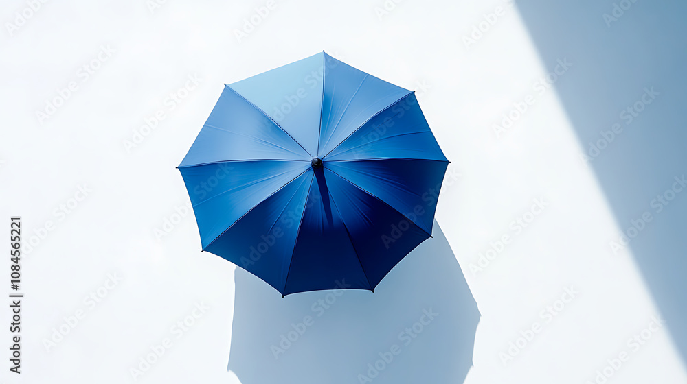Poster a modern blue umbrella, showcased in isolation on a white background with a shadow, emphasizing its 