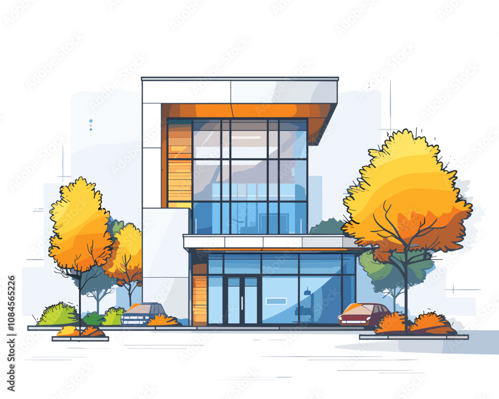Poster large building with a glass facade and a tree in front of it. the building has a modern design and h