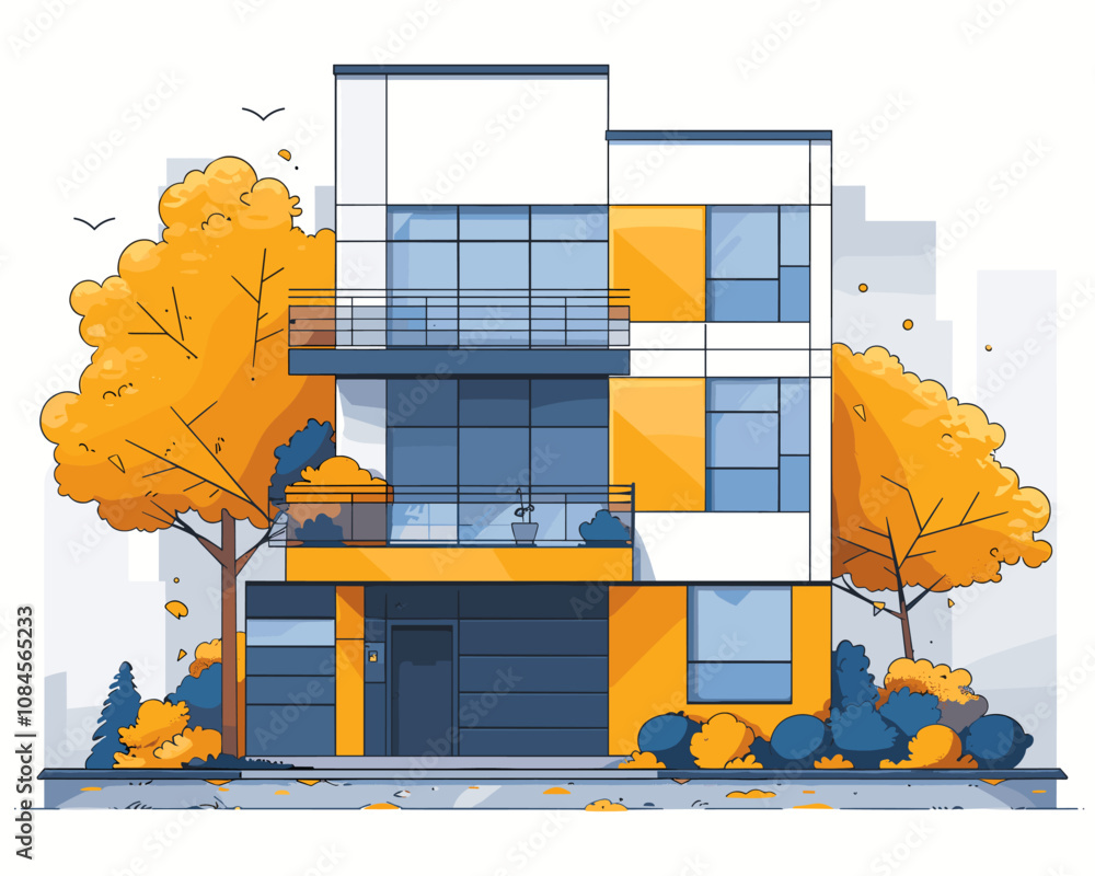 Poster large orange and white building with a tree in front of it. the building has a lot of windows and a 