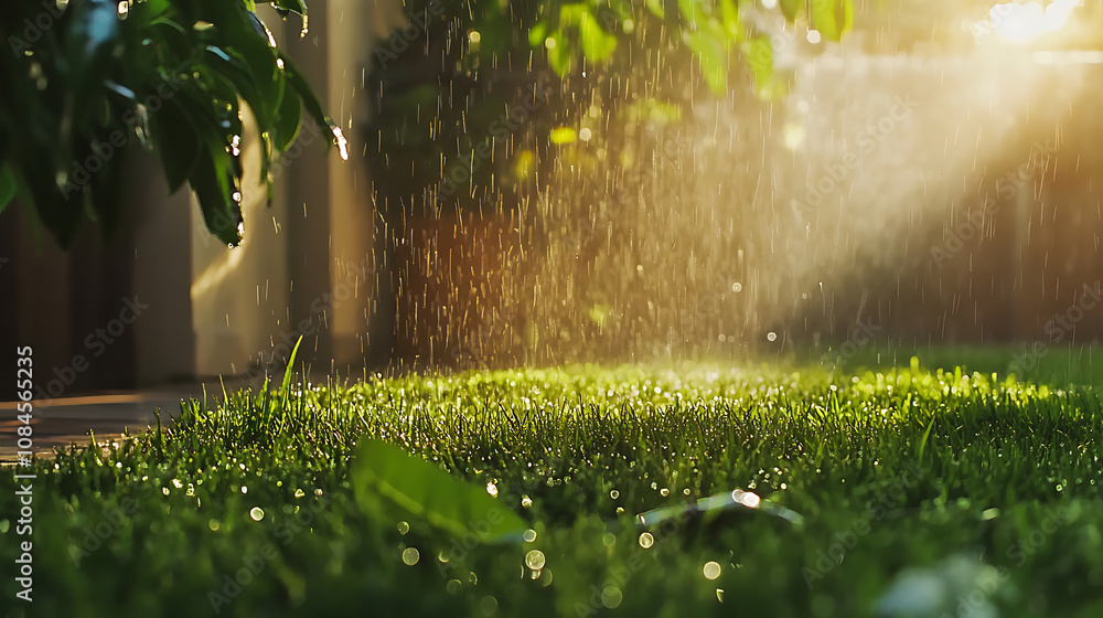 Poster a lush green lawn being watered by a modern, efficient sprinkler system, showcasing an automatic irr
