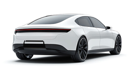 A modern car with no particular brand, seen from the back, against a white background