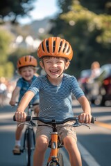 Two young boys riding bicycles on a sunny day in a park, enjoying their playful adventure