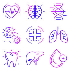 Vibrant vector icons representing health and medical concepts in blue and purple gradient