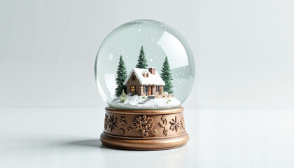 3D snow globe with winter cottage and pine trees on white background