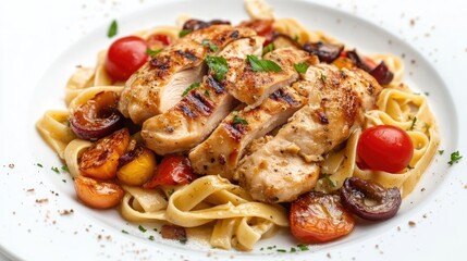 Photo of delicious chicken and fettuccine on white background.