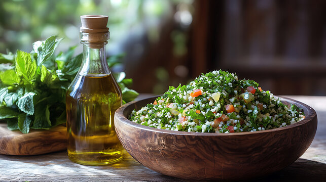 A rustic wooden bowl filled with vibrant green leaves, paired with a bottle of oil, placed next to tabbouleh salad
