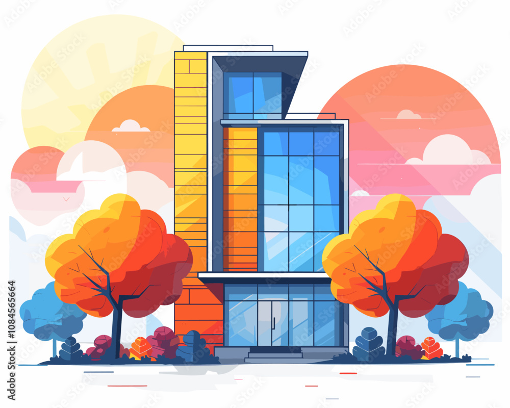 Poster tall building with a glass facade and a tree in front of it. the building is surrounded by trees and