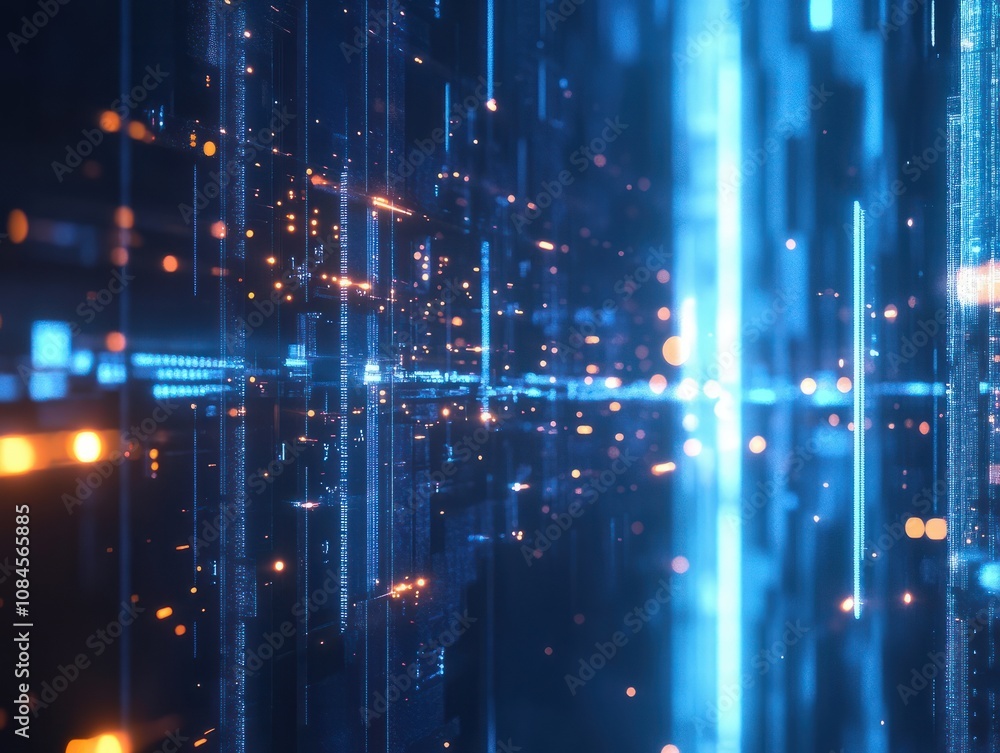 Poster the image showcases an abstract background featuring glowing blue lines and a network of interconnec