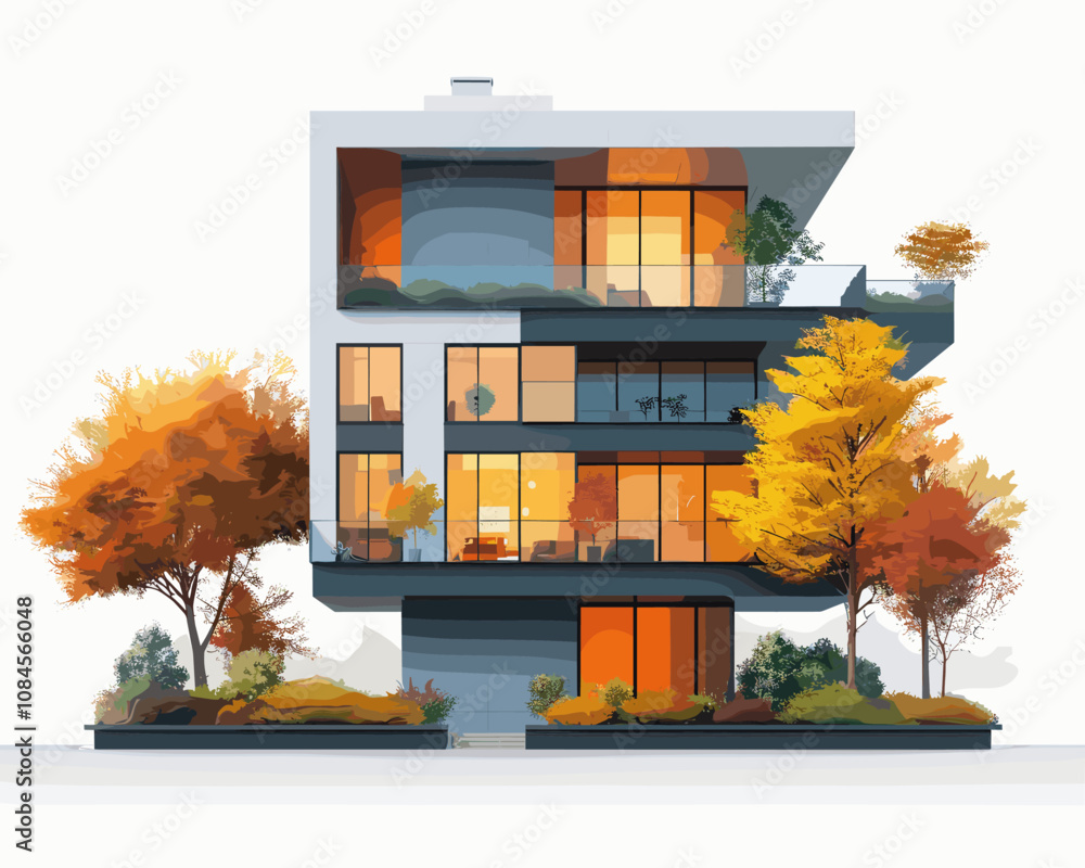 Poster tall building with a lot of windows and a balcony. the building is surrounded by trees and bushes