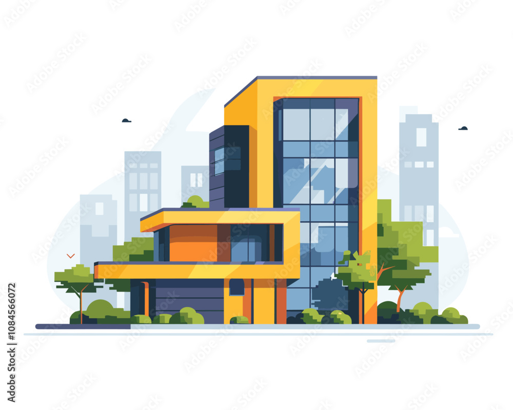 Poster tall building with a lot of windows and a green tree in front of it. the building is yellow and has 