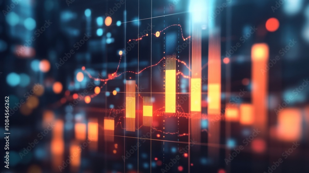 Poster abstract visualization of financial data with glowing bars and lines representing trends.