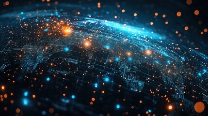 Obraz premium Digital World Map with Glowing Blue Dots Representing Global Connectivity