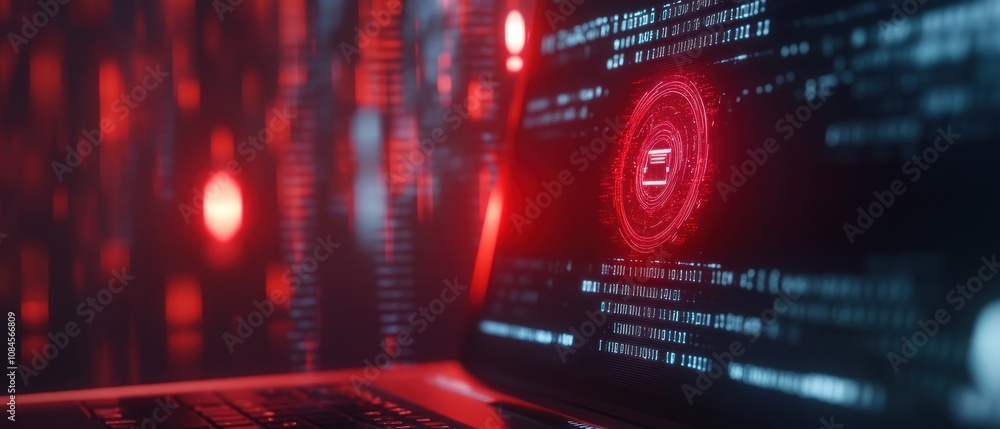 Poster a laptop displaying a red digital interface with data streams and a glowing symbol.