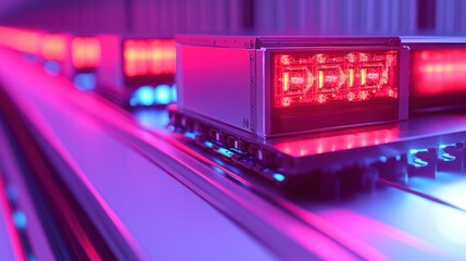 Obraz premium Close-up of illuminated data storage units in a modern technological environment.