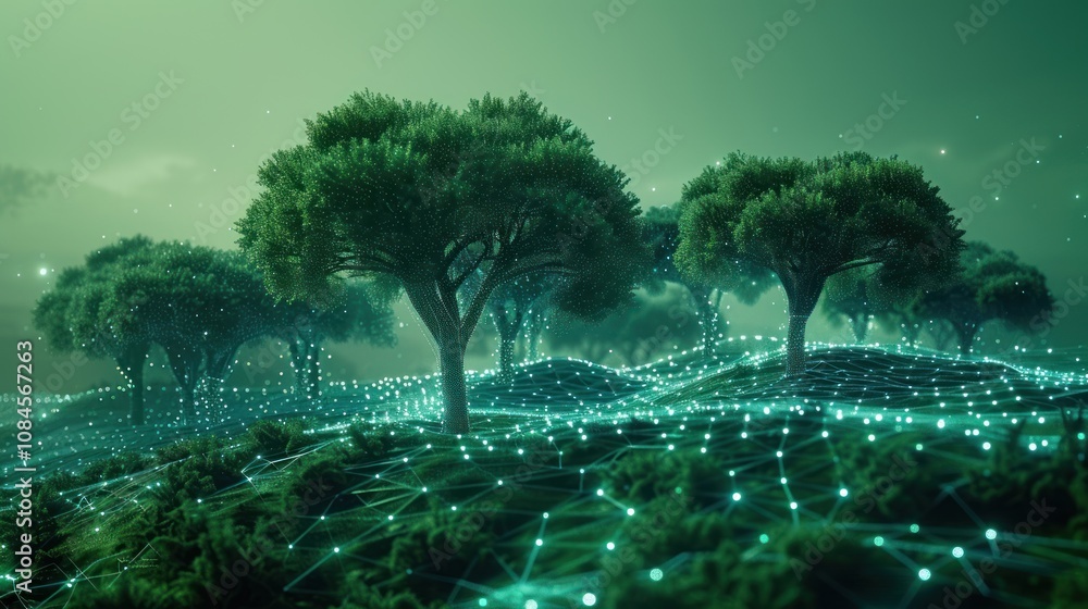 Poster a digital network of glowing lines connects trees in a forest, creating a futuristic and ethereal la