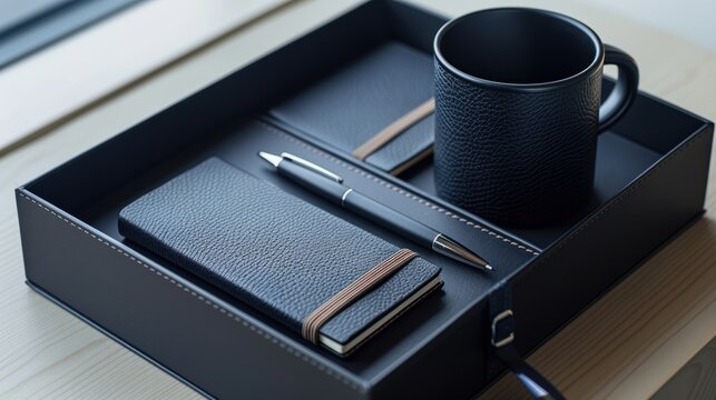Elegant Corporate Gift Set with Leather Notebook, Pen, and Mug for Business Branding
