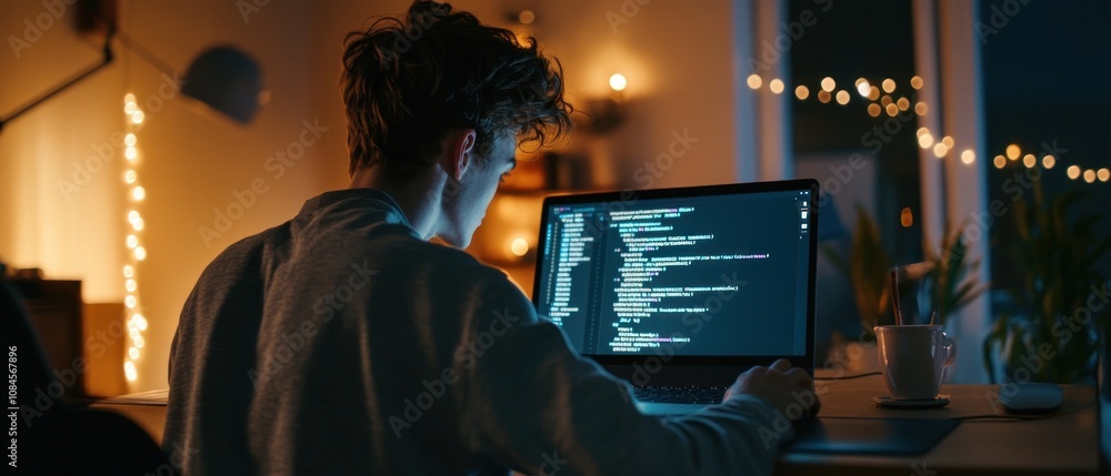 Poster a person coding on a laptop in a dimly lit room with decorative lights.