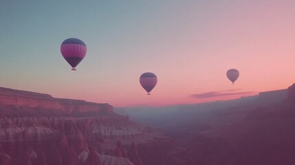Fototapeta premium Hot air balloons float serenely over a canyon at sunset, painting the sky in pastel hues, AI