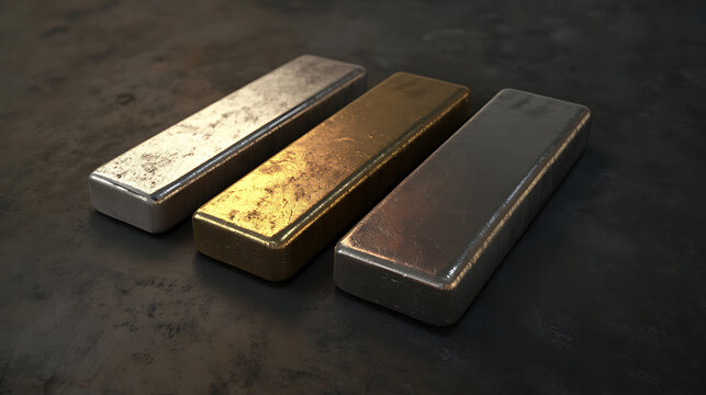 Gold, silver, and bronze metal bars are represented in editable ingots, allowing for customization in design projects
