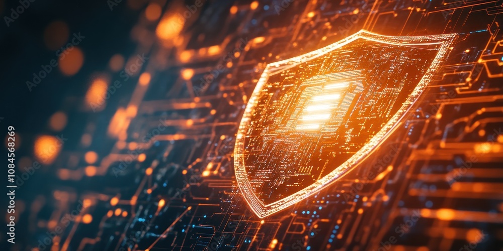 Poster digital shield symbolizing cybersecurity with circuit patterns and glowing elements.