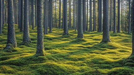 Obraz premium A dense forest with tall pine trees and a mossy ground. The sun shines through the trees, creating a dappled light effect.