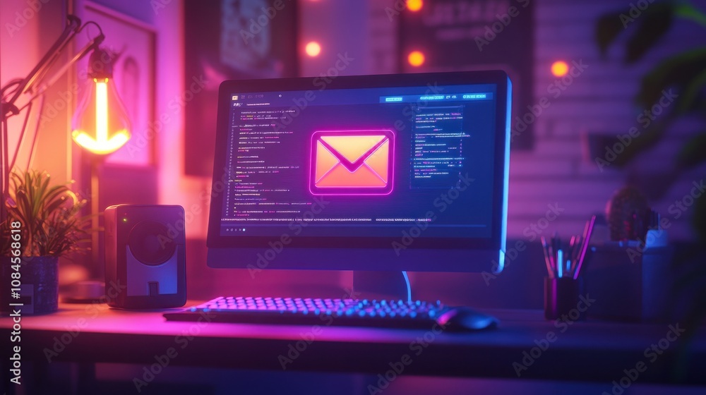 Poster a computer setup featuring coding and an email icon in a vibrant, illuminated workspace.